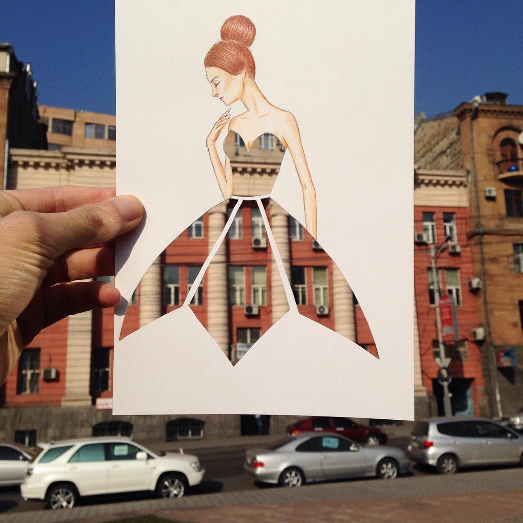 Дизайнер создаёт эскизы платьев, используя предметы окружающего мира эскизы платьев из повседневных вещей, Эдгар Артис