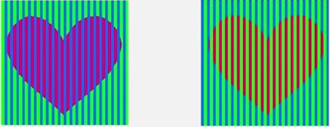 Думаете эти сердца разных цветов? А вы уверены? фиолетовые и оранжевые сердца, цвета одного цвета, сердца разных цветов на картинке