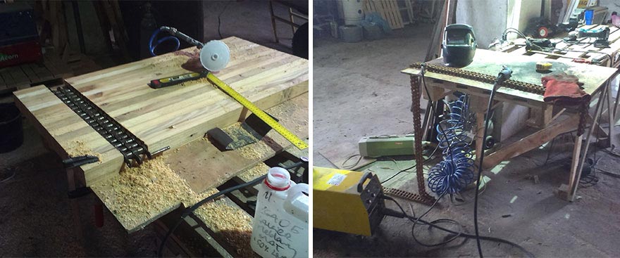 стол из досок и цепи, сделали стол из досок и цепи, стропила ржавая цепь