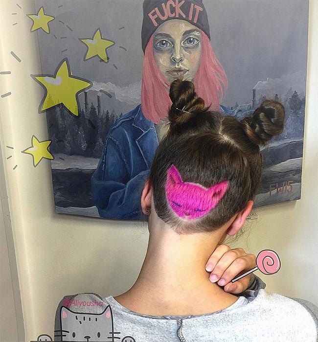 парикмахер Алия Аскарова, красочные прически, животные выбритые на затылках