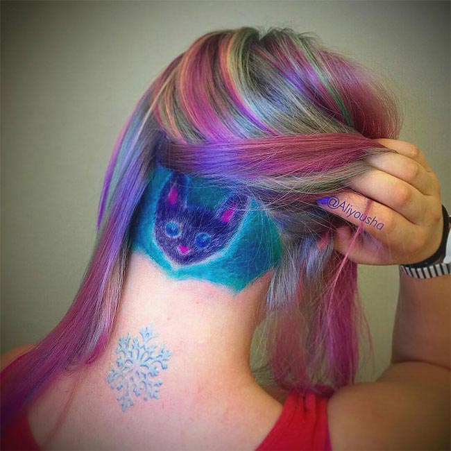 парикмахер Алия Аскарова, красочные прически, животные выбритые на затылках