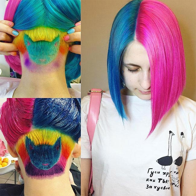 парикмахер Алия Аскарова, красочные прически, животные выбритые на затылках