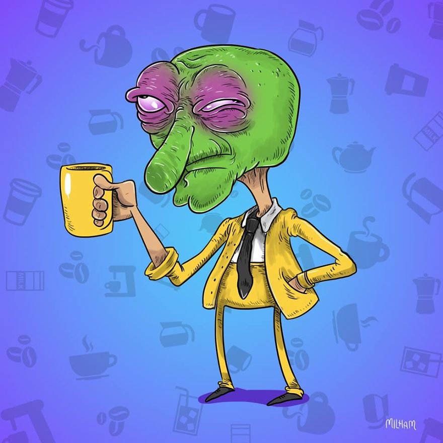 Художник показал, как выглядят мультяшные герои перед тем, как выпить свой утренний кофе как выглядят мультяшные герои перед тем как выпить кофе, герои мультфильмов перед тем как выпить кофе, Сэм Милэм, Sam Milham