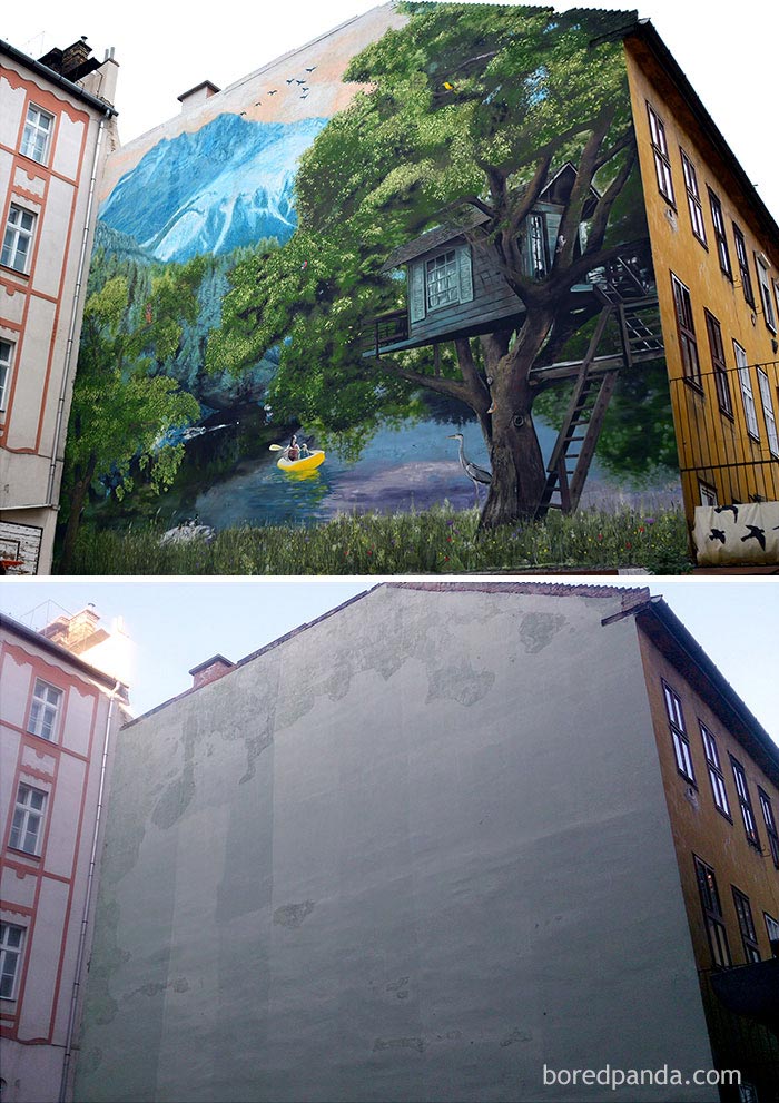 преображение домов до и после, дома до и после стрит-арта, работы уличных художников