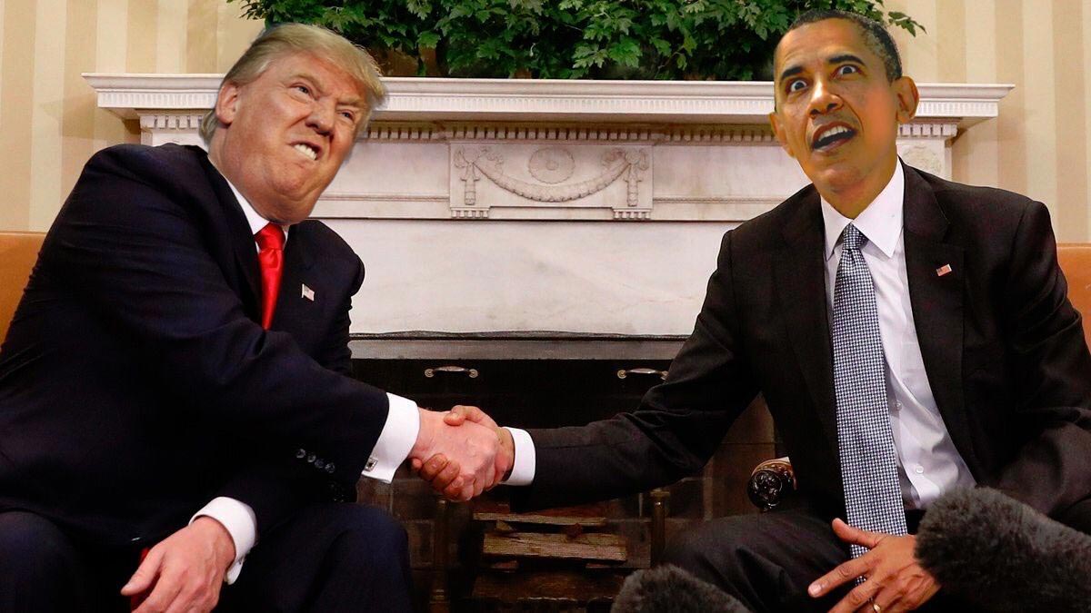 Забавная битва фотошоперов, устроенная по поводу рукопожатия Трампа и Обамы рукопожатие Трампа и Обамы фотожабы, рукопожатие Трампа и Обамы битва фотошоперов