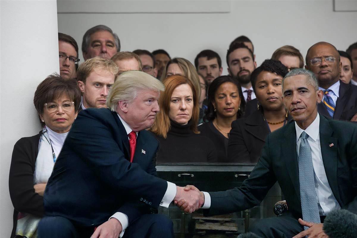 Забавная битва фотошоперов, устроенная по поводу рукопожатия Трампа и Обамы рукопожатие Трампа и Обамы фотожабы, рукопожатие Трампа и Обамы битва фотошоперов