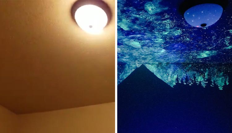 Художница превратила унылый потолок в захватывающую светящуюся в темноте галактику в комнате 4-летнего мальчика художница превратила потолок в галактику, светящаяся в темноте галактика на потолке