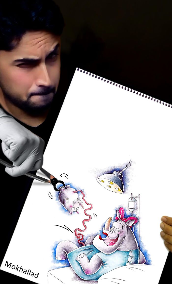 Художник комбинирует рисунки с реальной жизнью, буквально оживляя их Художник комбинирует рисунки с реальной жизнью, Мохаллад Хабиб