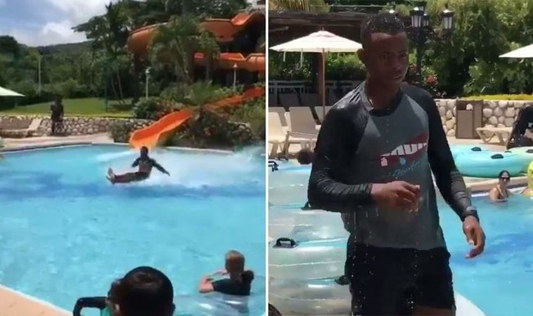 Парень выехал из трубы в аквапарке, проехался задницей по воде и встал на ноги, и это реальное видео выехал из трубы в аквапарке, проехался задницей по воде