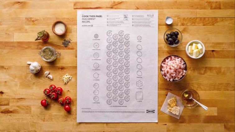 IKEA придумала плакаты для приготовления пищи, на которые реально нужно складывать продукты Cook this Page, Приготовь эту страницу, кулинарная книга IKEA, книга IKEA продукты на страницах