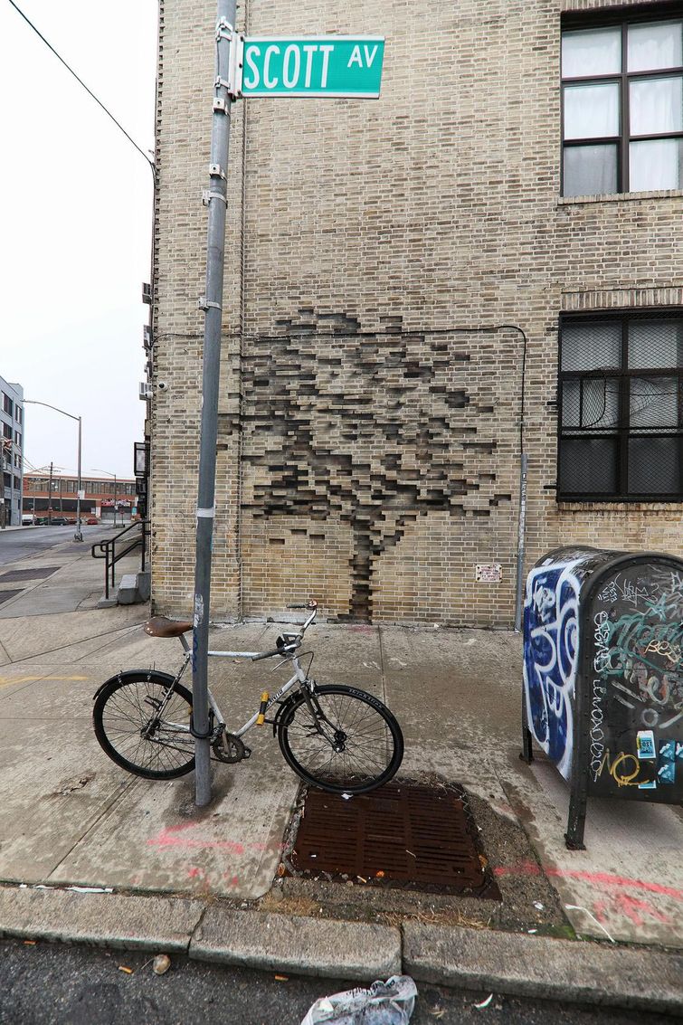 Думаете кто-то просто двигал кирпичи в этой стене? Нет, всё гораздо интереснее дерево из кирпичей, выдвинутые кирпичи, Pejac, оптическая иллюзия