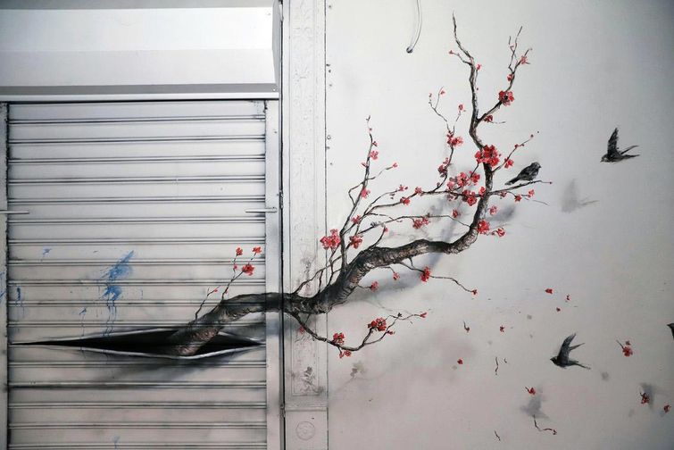 Думаете кто-то просто двигал кирпичи в этой стене? Нет, всё гораздо интереснее дерево из кирпичей, выдвинутые кирпичи, Pejac, оптическая иллюзия