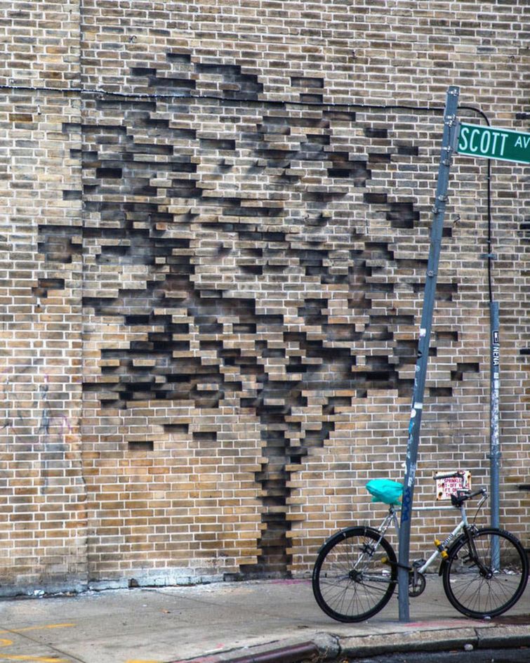 Думаете кто-то просто двигал кирпичи в этой стене? Нет, всё гораздо интереснее дерево из кирпичей, выдвинутые кирпичи, Pejac, оптическая иллюзия