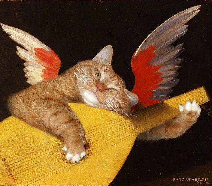 Художница добавляет своего рыжего кота в известные картины, кот заратустра