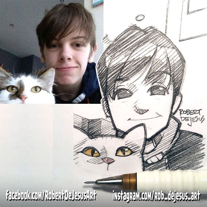 Иллюстратор превращает людей и их питомцев в персонажей мультфильмов,  Роберт Де Джизес, Robert De Jesus
