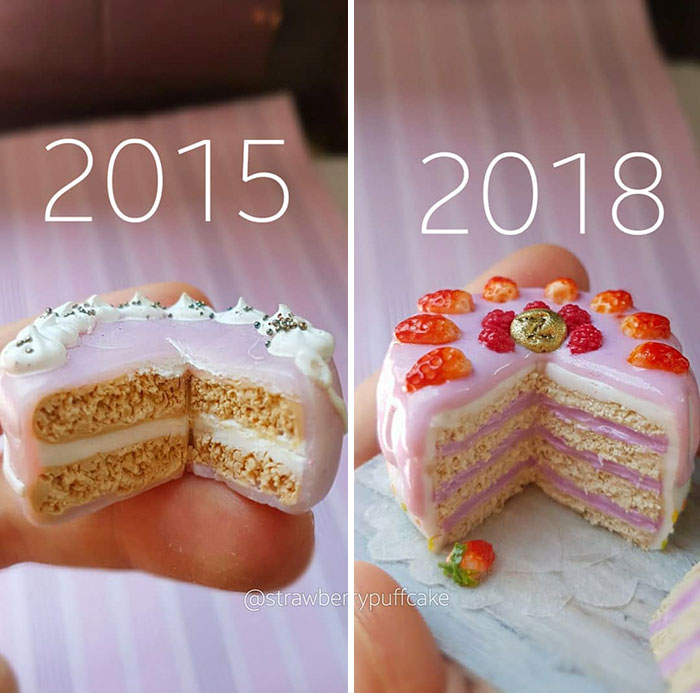 Художница воссоздала свои старые работы из полимерной глины, художница Зозо, Zozo, Strawberyypuffcake,