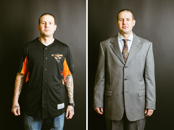 Мужчины до и после того как они надели костюм, Кристофер Шафер и его сын Сет