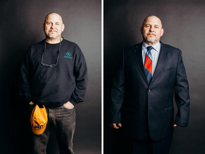 Мужчины до и после того как они надели костюм, Кристофер Шафер и его сын Сет