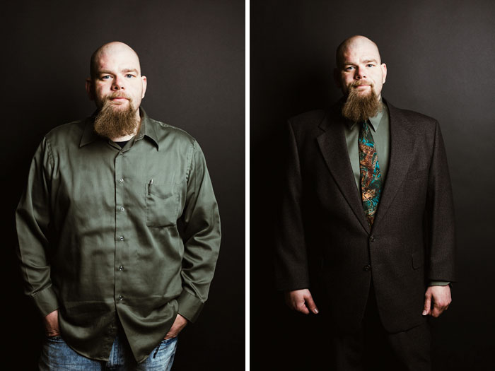 Мужчины до и после того как они надели костюм, Кристофер Шафер и его сын Сет