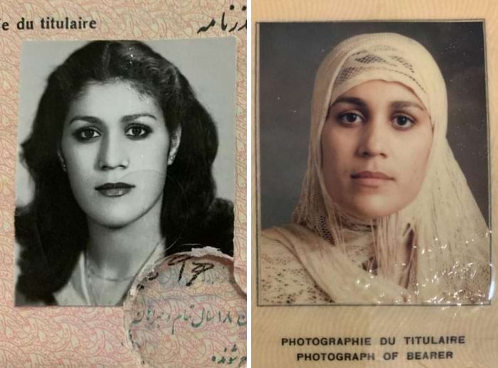 Паспортные фотографии ирнаской женщины до и после Иранской революции