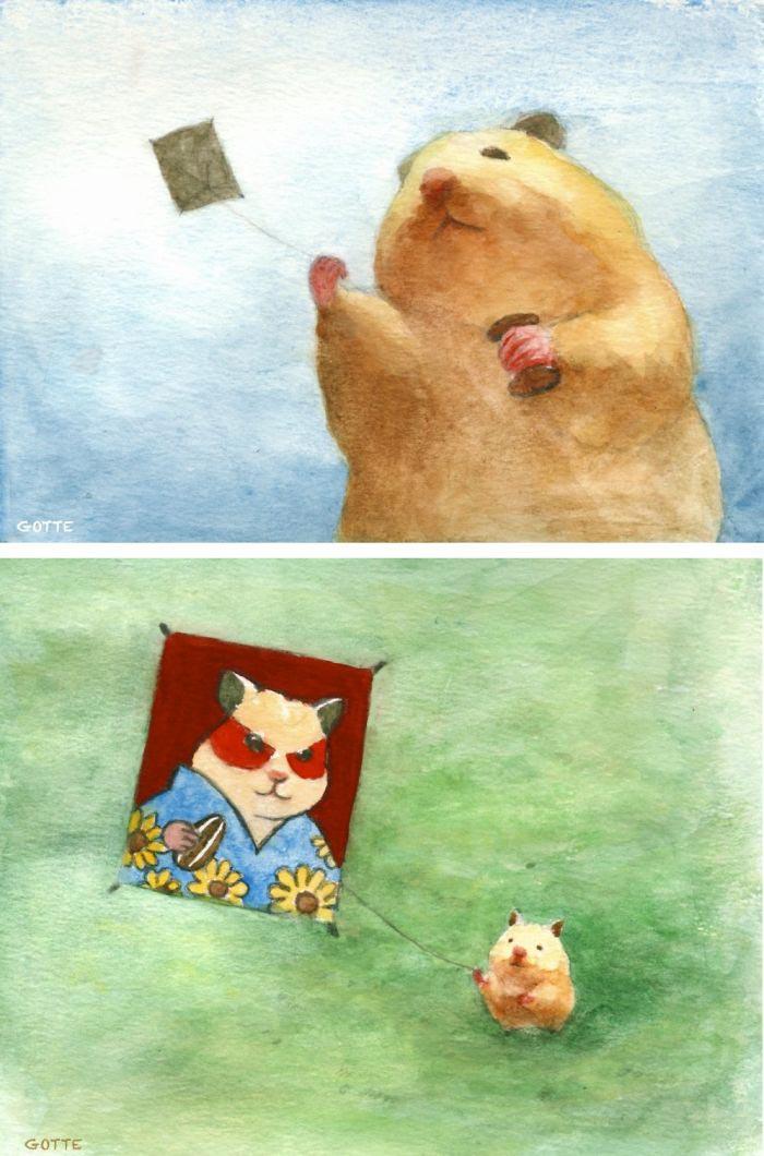 Японский художник мило изображает жизнь своего хомяка, если бы тот был человеком Японский художник изображает жизнь своего хомяка, хомяк Сикероку, Sukeroku, Gotte