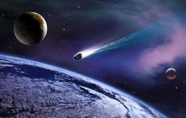 Метеорит летит в космосе, направление к земле