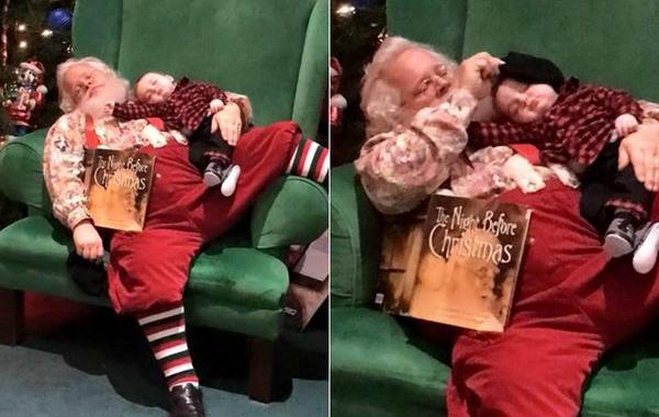 малыш заснул фотосессия с Санта-Клаусом, малыш заснул в очереди к Санте, ребенок спят с санта клаусом