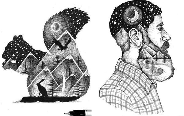 иллюстрации дотворк, двойная экспозиция рисунок, dotwork иллюстрации, Тиаго Бьянкини, Thiago Bianchini