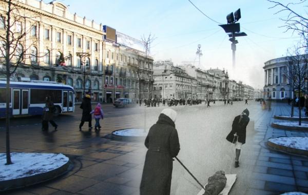 Фрагменты фотографий блокадного Ленинграда в снимках современного Петербурга