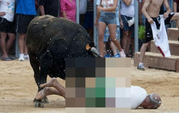 Энсьерро фестиваль бег быков 2014, рог быка в заднице