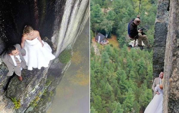 экстремальная свадебная фотосессия, свадебная фотосессия над пропастью, фотосессия над 100-метровой пропастью