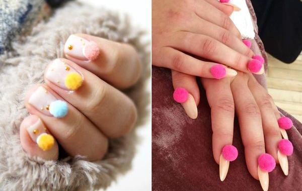 Ногти с помпонами, pompom nails