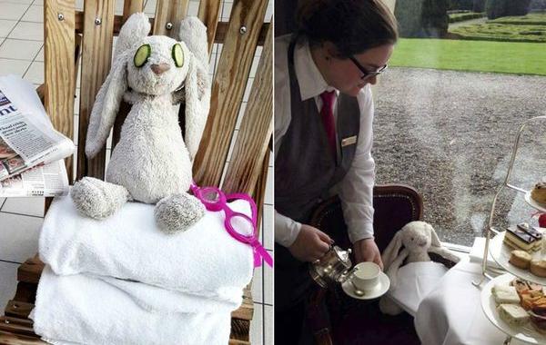 Девочка забыла плюшевого зайца в отеле, персонал отеля устроил приключения плюшевому зайцу 