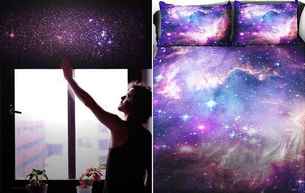 космос в интерьере, постельное бельё с космосом, космос идеи дизайн