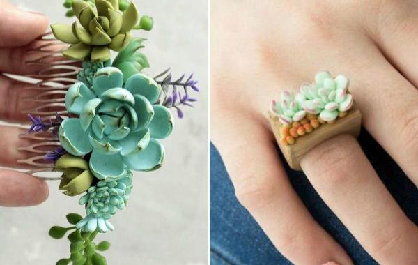 украшения с суккулентами, суккуленты из полимерной глины, Ирина Осинчук-Чайка
