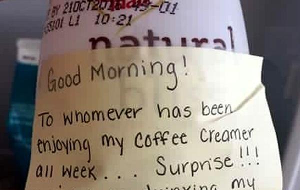 записка воровал сливки на работе, записка проучить воровал сливки для кофе на работе