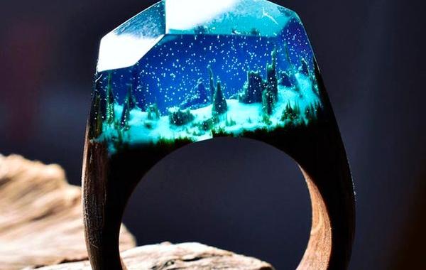 деревянные кольца с вселенными, миниатюрные вселенные внутри колец, деревянные кольца Secret Wood