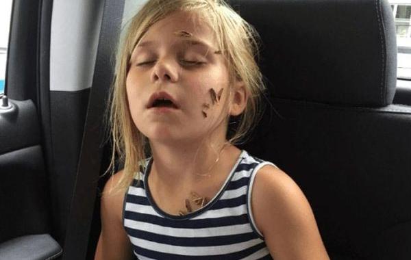 заснула у открытого окна на заднем сиденье автомобиля, заплевала семечками младшую сестру, младшая сестре оказалась заплеванная семечками