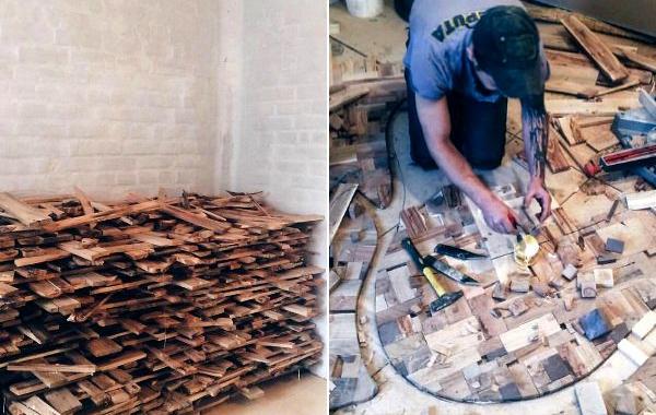 Алексей Стешак, деревянный пол с керамическими птицами, пол из разных кусков дерева