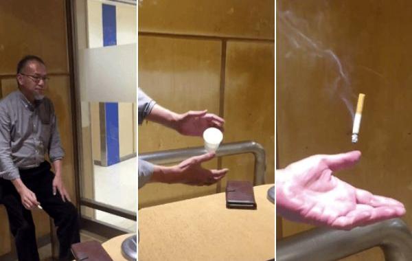 фокус с левитацией, фокус мужчина из курилки, летающая сигарета фокус, летающий бумажный стаканчик