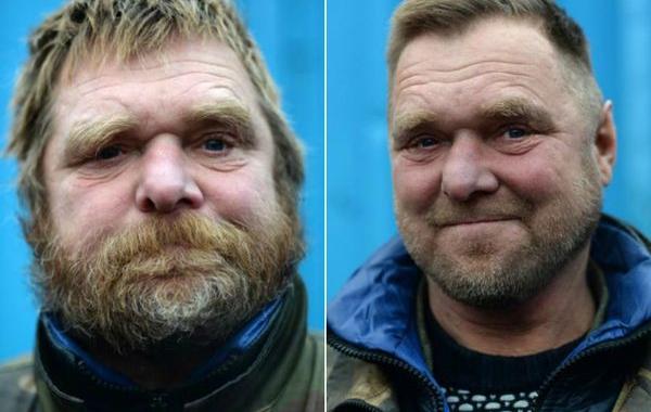 питерские бездомные до и после стрижки, уличный бабер подстриг бездомных