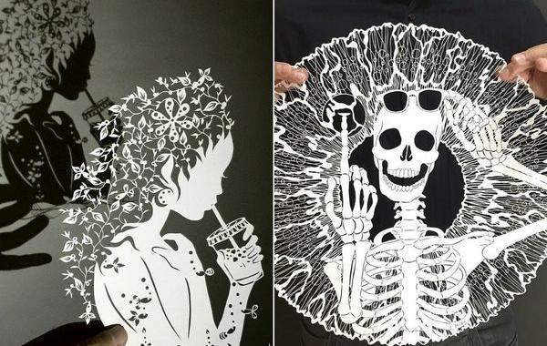 детальные бумажные картины, японский художник вырезает бумажные узоры, Риу, Riu