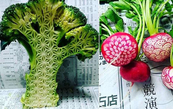 Японский художник вырезает узоры на овощах и фруктах, карвинг,  японский художник Гаку