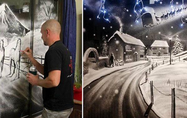  картины на окнах при помощи снега в баллончике, snow art