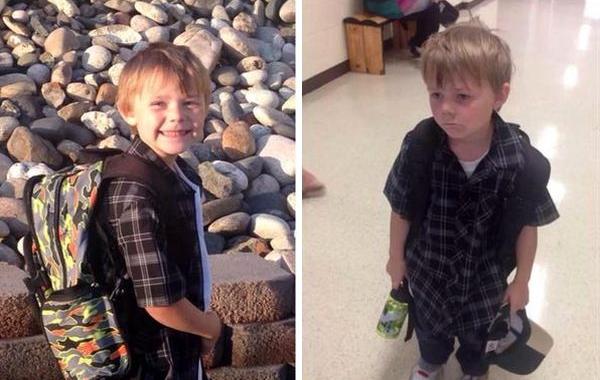 первоклассники до и после их первого дня в школе, первый день в школе