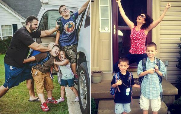 Родители празднуют возвращение детей в школу, снова в школу