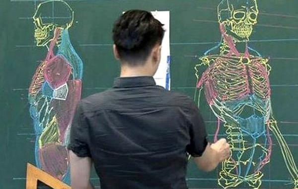 китайский учитель рисует мелом, учитель из Китая рисует мелом на доске