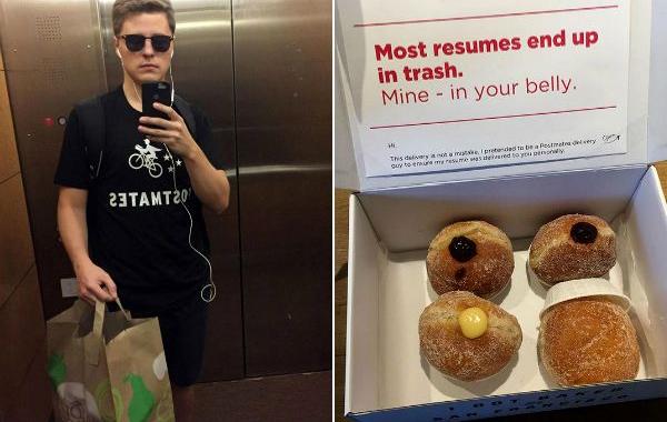 переоделся доставщиком пончиков, парень доставлял резюме с поничками, нашел способ передать резюме начальству компаний