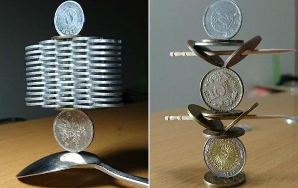 японец выстраивает конструкции из монет, скульптуры из монет, 