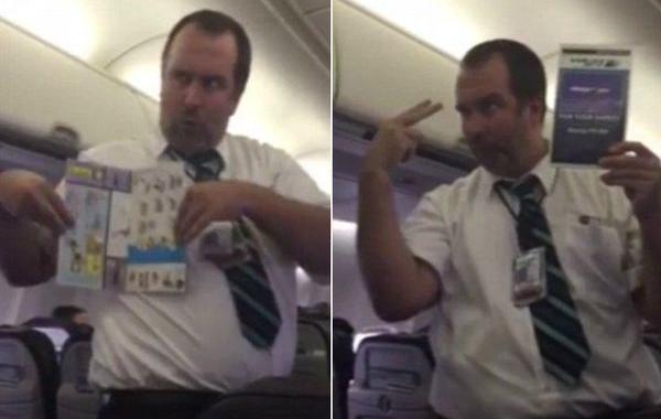 Харизматичный стюард, весёлый бортпроводник, весёлый инструктаж в самолёте